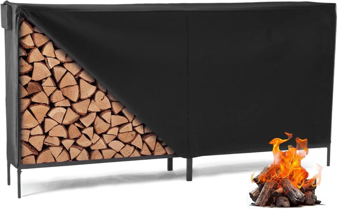 DUMOS 8FT Heavy Duty Firewood Storage Rack, Firewood Storage Log Rack with Cover and Zipper, Indoor Outdoor Wood Racks for Fire Wood Holder, Black