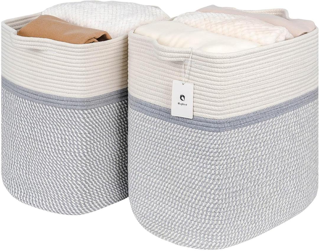 Storage Baskets for Clothes Fabric Cotton Rope Storage Basket with Handles, Decorative Woven Basket for Living Room,Closet Organizer Blankets, and 2bags (White/Gray, L14W11H14)