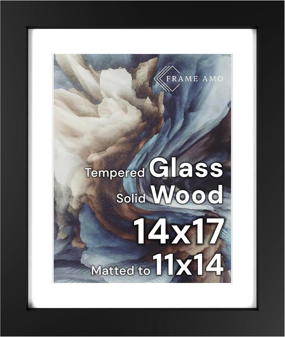 Frame Amo 14x17 Black Solid Wood Poster Frame, White Mat for 11x14 Image, Tempered Glass Front, 1.5 inch Wide, 1 inch Thick, High-End, Heavy-Duty, Gallery Grade & Acid-Free