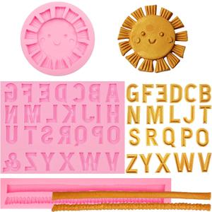 3 x 26 Capital Letter Fondant Molds, 3D Letters Hemp Rope Cake Decorating Molds, Cartoon Smile Sun Shaped Silicone Chocolate Molds for Birthday Cupcake Topper Cookie Plaster Clay Resin