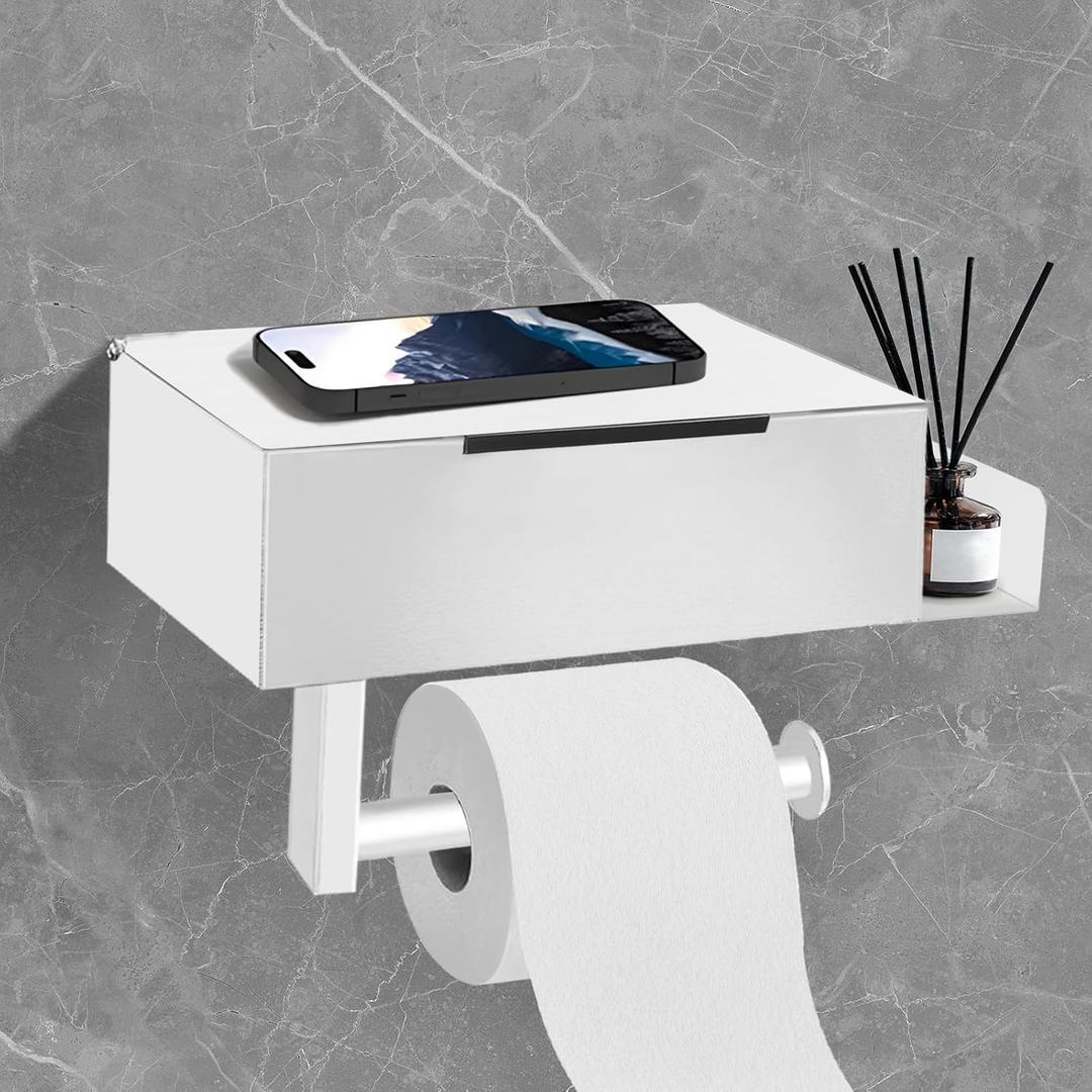 SEHAUSEU Paper Roll Holder,3-in-1 Space-Saving Bathroom Organizer - White Metal Toilet Paper Holder with Tissue Box Storage for Modern Bathrooms