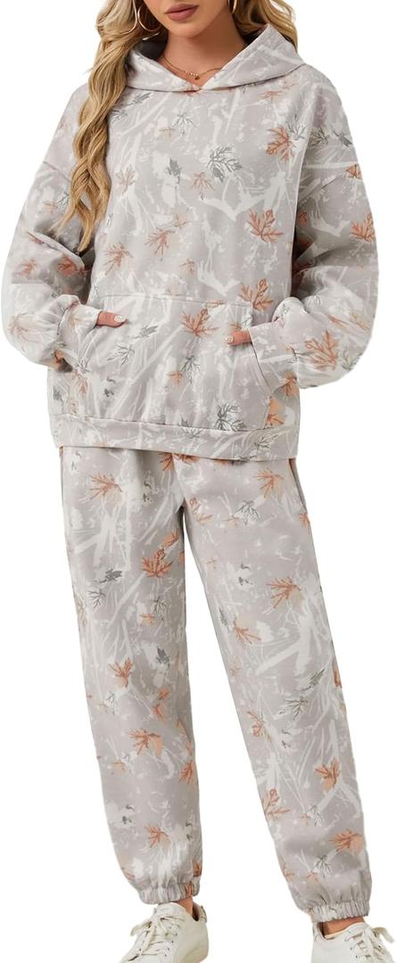 Eutten Camo Sweatsuits for Women Set 2 Piece Camo Hoodies Maple Leaf Print Oversized Sweatshirt Lounge Sets Fall Outfits (Small, Grey)