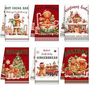 Oudain Sets of 6 Christmas Kitchen Towels and Dishcloths Xmas Gingerbread Man Dish Towels Winter Kitchen Hand Towels Kit Christmas Novelty Gifts for Christmas Party Supplies
