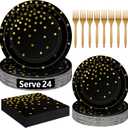 QZYL 96 Pcs Black and Gold Plates Set, Birthday Plates and Napkins Party Supplies, Disposable Black and Gold Party Decorations for 24 Guests, Birthday Tableware Wedding Decor with Plate, Napkin, Fork