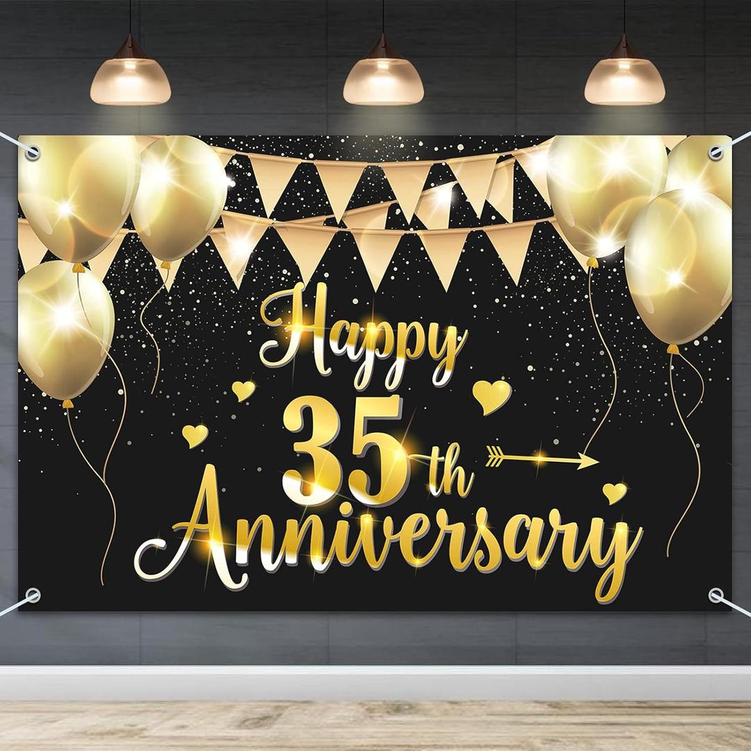 HAMIGAR 6x4ft Happy 35th Anniversary Banner Backdrop - 35 Wedding Anniversary Decorations Party Supplies - Black Gold