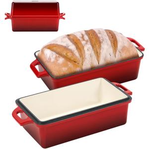 Northriver Casting 9x5 Inch Enameled Cast Iron Bread Loaf Pan with Lid, Perfect Sourdough Baking Pans | Even Heat Distribution for Homemade Bread, Cake, Meatloaf2 Piece setRed