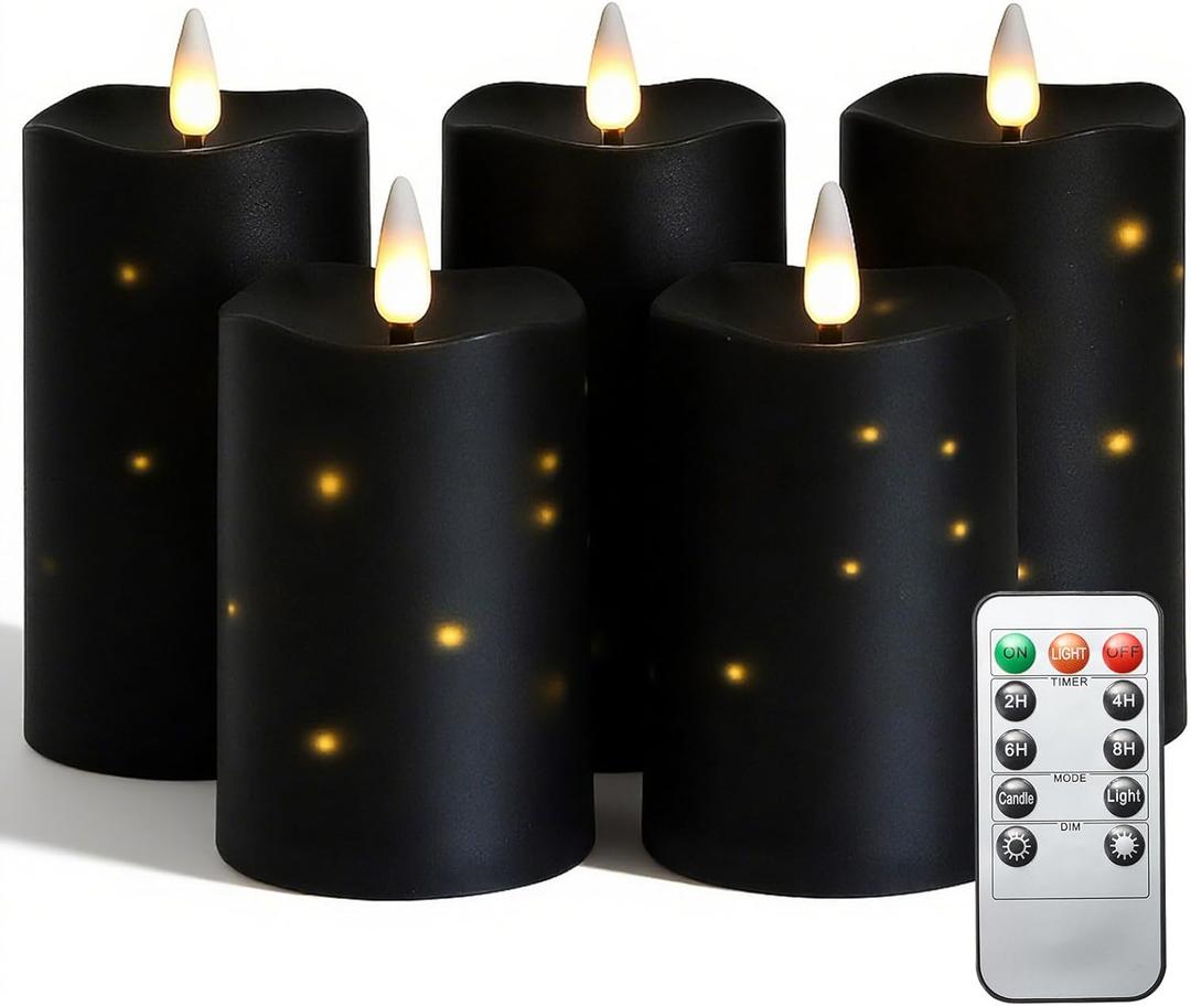 5 Packs Flameless Candles, Black Battery Operated Candles, Black LED Candles with Remote, Realistic Flickering Dancing Flame, Outdoor Waterproof for Halloween Party Outdoor Garden