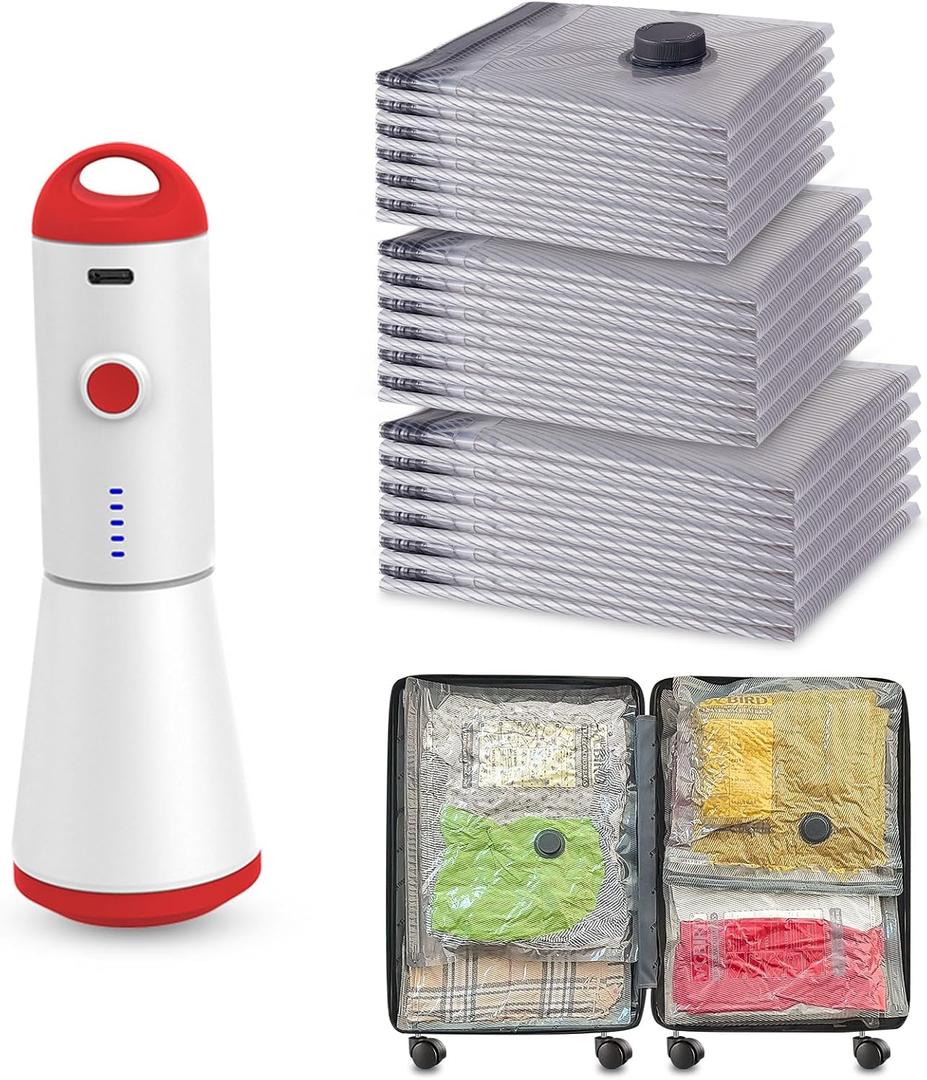 Travel Vacuum Storage Bags with Rechargeable USB Pump, 18 Pack Carry-On Size Compression Packing Bags for Luggage and Suitcase, Space Saver for Clothes and Clothing Travel