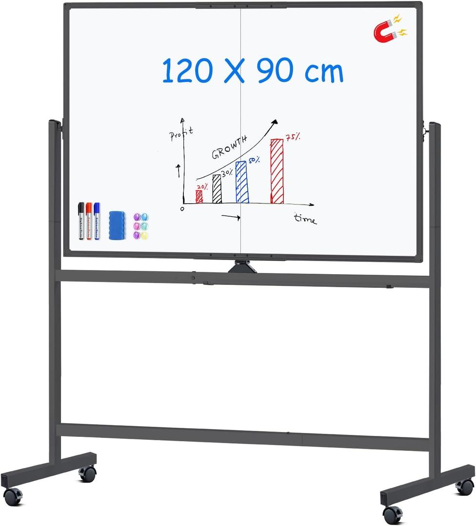 maxtek Rolling Whiteboard, 48x36 Large Magnetic White Board with Stands, Big Double-Sided White Board Dry Erase on Wheels for Homeschool, Home Office, Office, School (Black, 48 x 36)