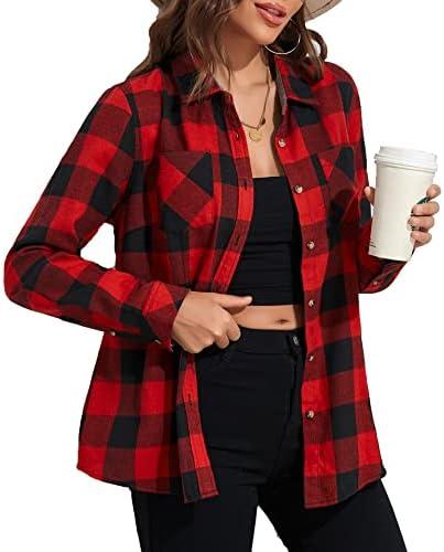 Deer Lady Plaid Flannel Shirts for Women Buffalo Plaid Shirts Oversized Long Sleeve Casual Button Down Blouse Top size large