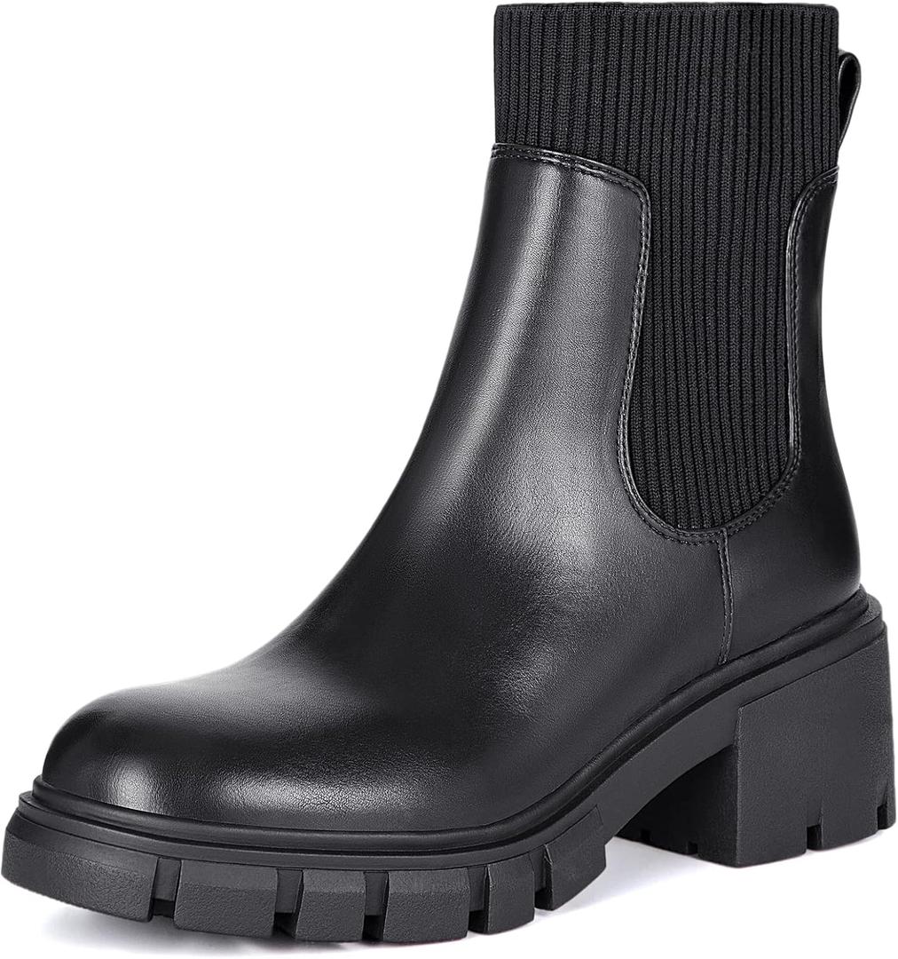 Athlefit Women's Chelsea Platform Ankle Boots Elastic Chunky Heel Lug Sole Black Booties Size 9