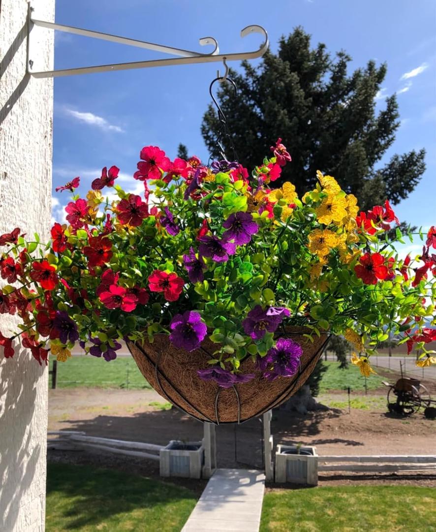 Artificial Faux Hanging Plants Flowers Basket for Summer Autumn, Colorful Daisy Flowers Eucalyptus UV Resistant Look Real for Outdoor Outside Porch Decoration