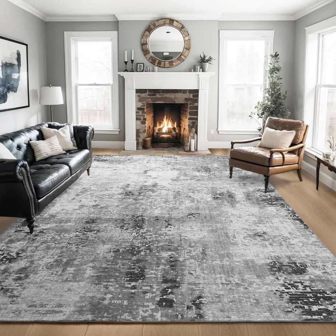 Living Room Rug 8x10 Gray Area Rugs Machine Washable Abstract Boho Large Rug Non-Slip Non-Shedding Faux Wool Indoor Vintage Carpet for Bedroom, Classroom, Dining Room, Kids Playroom (Grey)