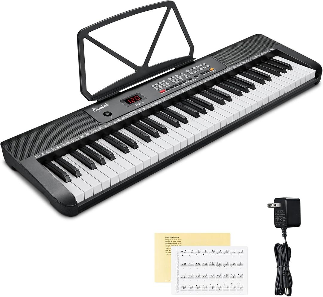 61 Keys Compact Keyboard Piano, Multi-Function Electronic Piano with 255 Sounds, 255 Rhythms, 24 Demos, Includes Sheet Music Stand, Note Stickers & Power Supply, Gift for Beginners, Black