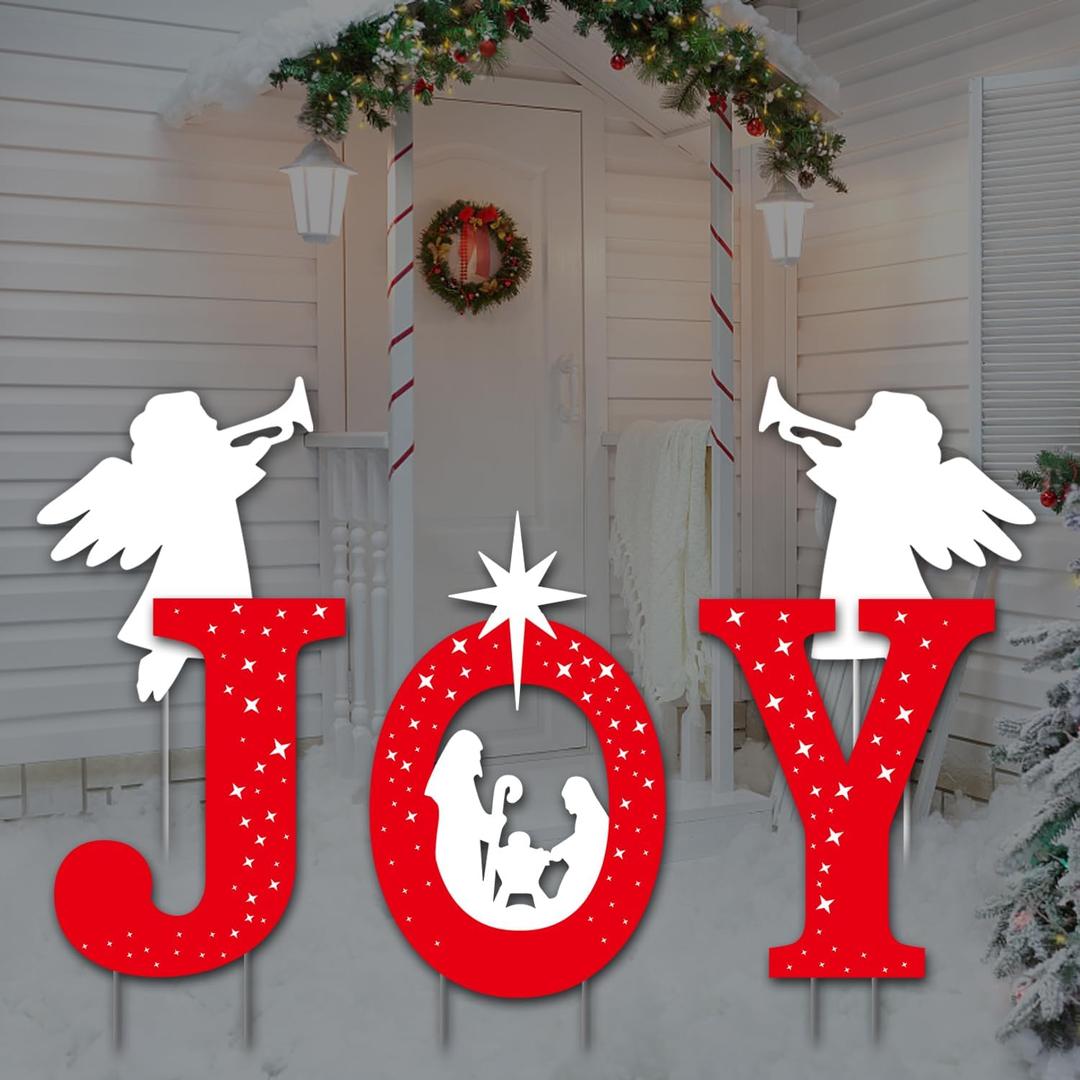 Outdoor Christmas Decorations -Joy Nativity Sets for Christmas Outdoor Xmas Nativity Lawn Religious Scenes Yard Decor with Stake for Home Lawn Red, White with Lamp (Red,White with Lamp)