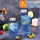 Loivttvv Glassware Drinking Glasses Set of 8, 14 oz Highball Glasses & 10 oz Ribbed Glass Cups, Vintage Glassware for Water, Juice, Cocktail, Whiskey (Blue)