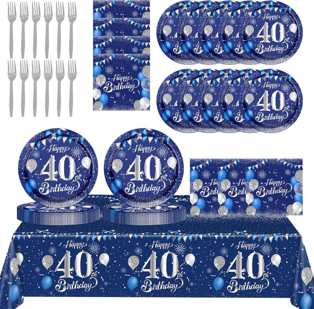 40th Birthday Decorations for Men,61Pcs Blue Silver 40th Birthday Decorations Tableware Include Happy 40th Birthday Plates and Napkins,Tablecloth,Forks for Men 40th Birthday Party Supplies,Serve 20