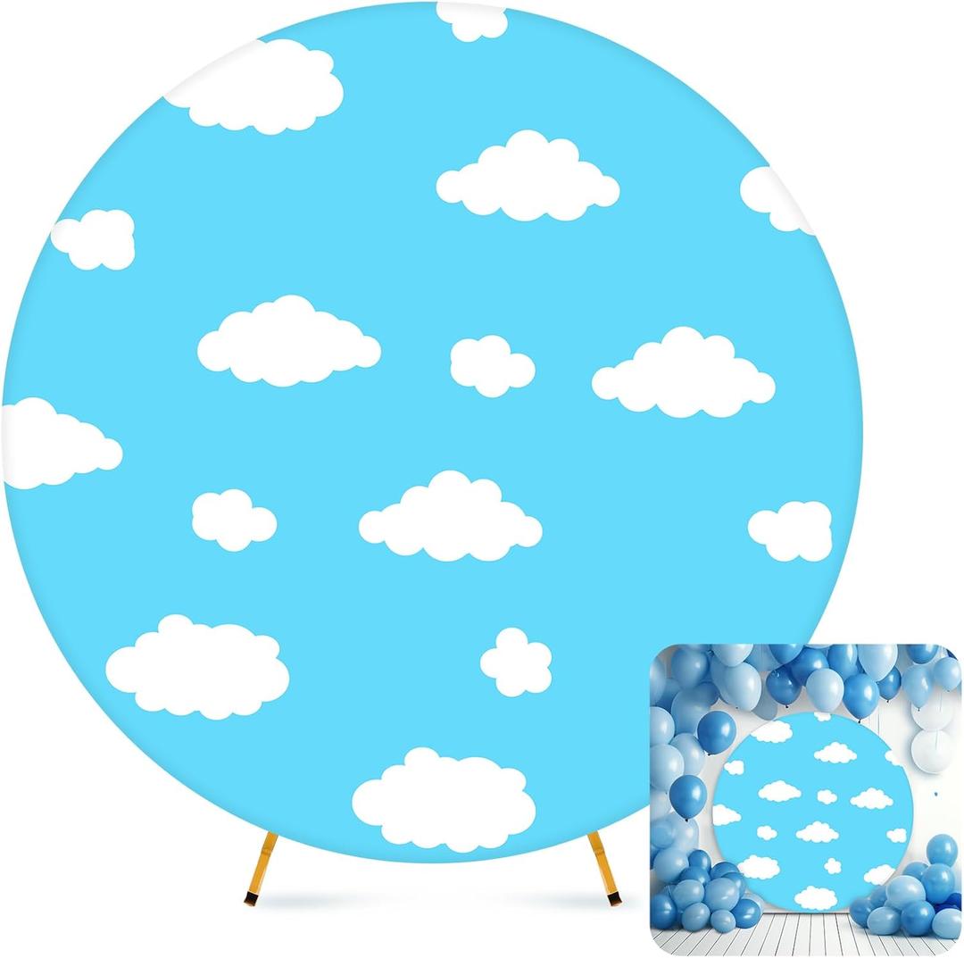 Tingjoo 7.2 ft Round Arch Backdrop Cover Blue Sky White Clouds Birthday Party Supplies Cartoon Story Story Birthday Decorations for Baby Kids Shower Decorations Photo Props Cosplay Wedding