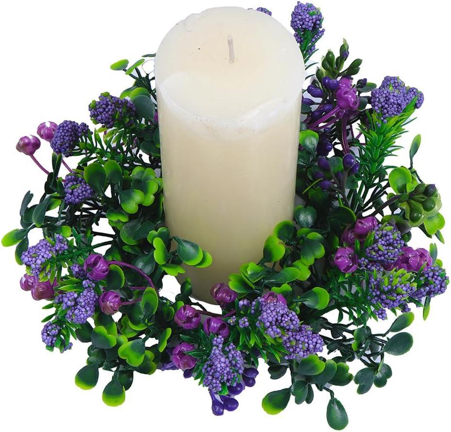 2pcs Artificial Lavender Flower Wreaths with Eucalyptus Leaf Candle Rings Wreaths 3 Inch Center for 3 in Wide Pillar Candles Decor for Spring Wedding Home Door Tabletop Cabinets (Purple)