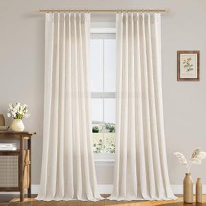 102 Inch Long Curtains Pinch Pleat Linen Curtains for Living Room 2 Panels Set Natural Cream Semi Sheer Light Filtering Boho Neutral 102 Inch Pleated Curtain with Hooks Floor Ceiling Bedroom Window (40"W x 102"L (Pack of 2), Natural Linen)