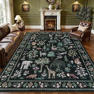 9x12 Area Rugs Living Room Rug: Vintage Washable Rug Floral Soft Carpet Indoor Floor Non-Slip Boho Stain Resistant Large Carpets for Bedroom Kids Nursery Dining Room Farmhouse Home Office Green