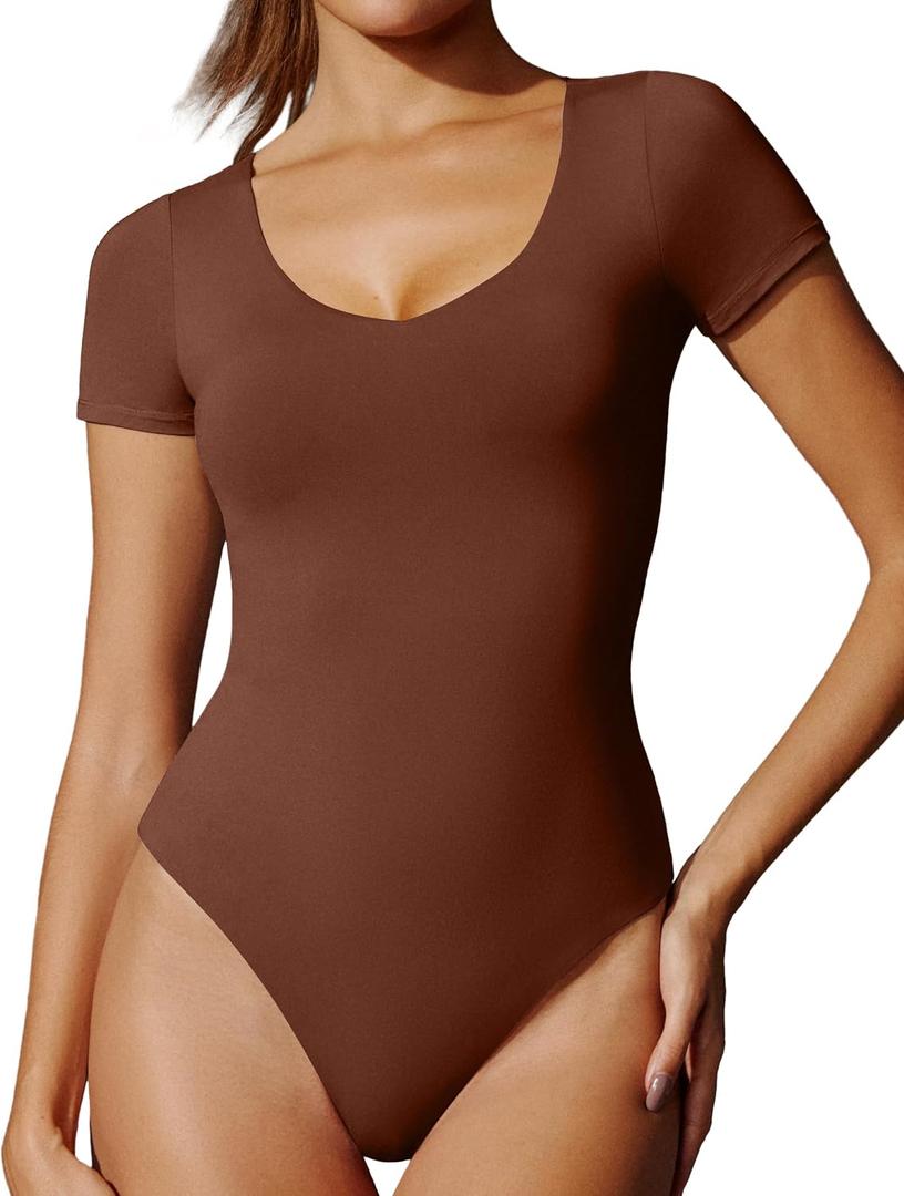 IUGA Bodysuits for Women Tummy Control Body Suits for Womens Compression Slimming Thong Bodysuit V Neck, Medium