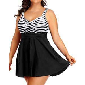 Tempt Me Women's Plus Size Swim Dress - One Piece Swimsuits Tummy Control Bathing Suit Swimwear 2025, Black White 22W