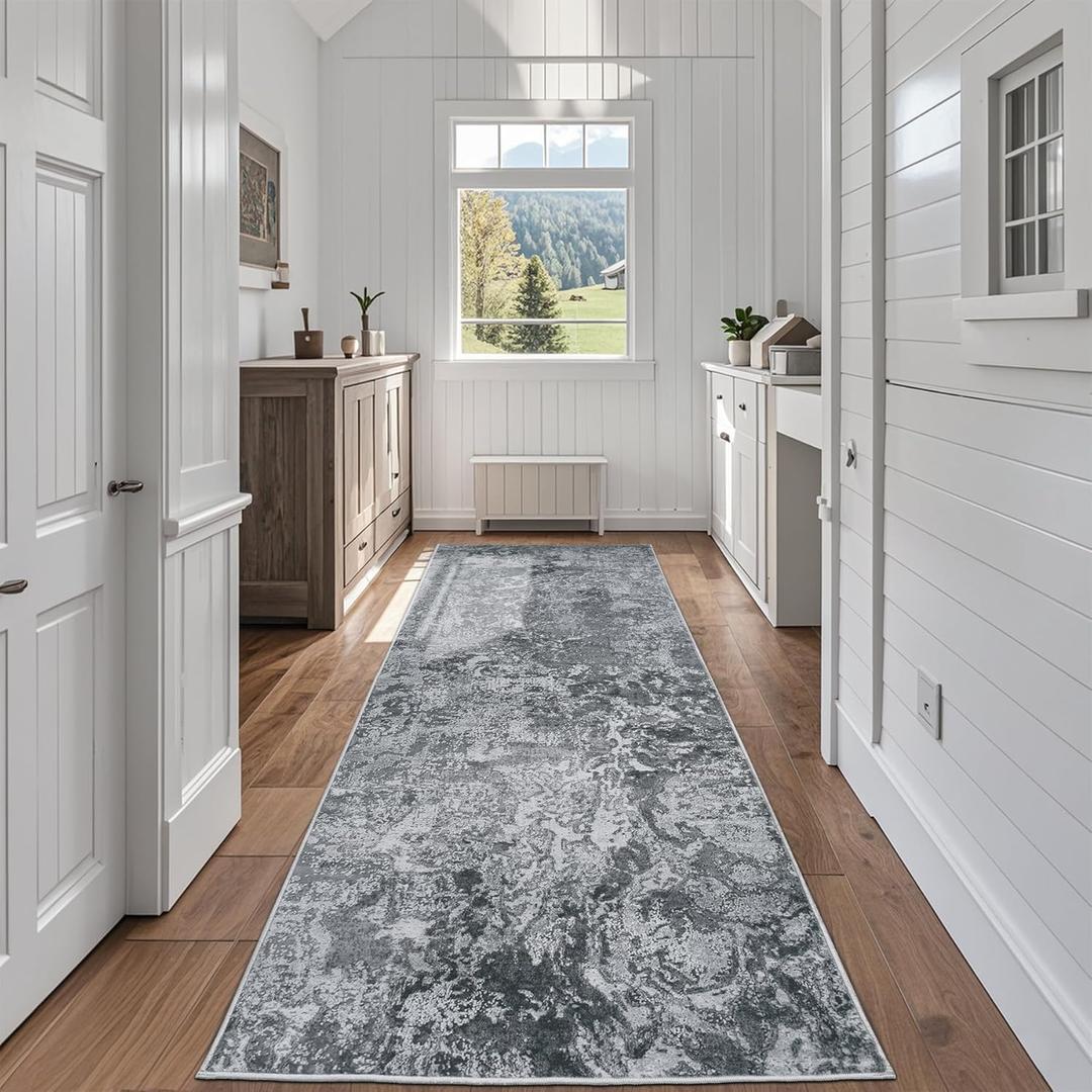 Runner Rug for Hallways Kitchen 2'6"x8' Washable Non Slip: Carpet Non Skid 8ft Entryway Rubber Backed 8 Feet Neutral Abstract Modern Rug Low Pile Pet Friendly Indoor Black