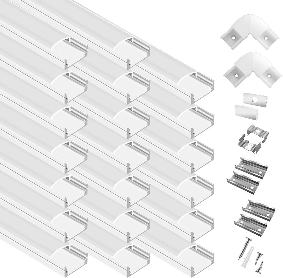 hunhun 20-Pack 6.6ft/2Meter U Shape White LED Aluminum Channel System with Milky Cover, End Caps and Mounting Clips, Aluminum Channel Profile for LED Strip Light Diffuser Installations (20pack*6.6ft)