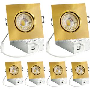 3 Inch Gimbal Recessed Light 8W 5CCT Selectable, 360 Rotatable Square Downlight with Junction Box, Wet Location Dimmable Wafer Lights, 3 Inch 6Pack Gold