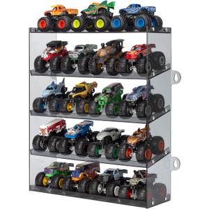 Assembly Monster Trucks Display Case Holding for 20 Monster Trucks Acrylic Storage Case 5 Tiers Monster Trucks Organizer with Tilted Design, Display Case for Toy Trucks (Gray)