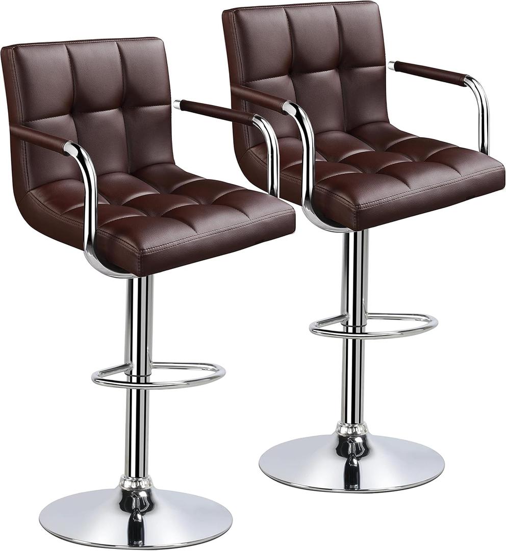 Yaheetech Tall Bar Stools Set of 2 Modern Square PU Leather Adjustable BarStools Counter Height Stools with Arms and Back Bar Chairs 360 Swivel Stool, Brown