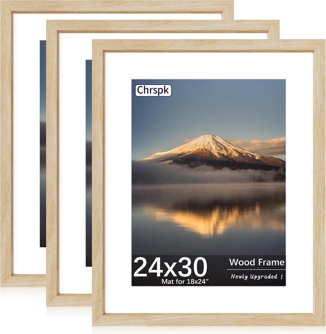 24X30 Poster Frame, Display Pictures 18X24 with Mat or 24X30 Without, Wall Hanging Frames, Natural Oak, 3 Pack