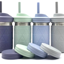 Elk and Friends 14oz Stainless Steel Kids + Toddler Drinking Cups | The Original Mason Jar with Sleeves + Lids | Silicone Straws | Smoothies | Storage Jar | Spill Resistant | Dishwasher Safe | 4 Pack, Sage/Misty Blue/Navy/Grey