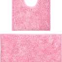 LanYunUmi Pink 2 Pieces Bathroom Rugs, Ultra Soft Non Slip Absorbent Chenille Toilet Bath Mat Set Rugs for Slip-Resistant Shag Extra and Rug Shower Room Machine-Washable (Pink, 20"x32"+20"x20"U)