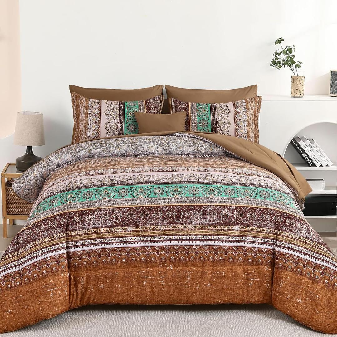 Cottolester Boho Queen Comforter Set 8 Pieces, Brown Bohemian Striped Bed in a Bag, Paisley Soft Microfiber Bedding Comforter Set