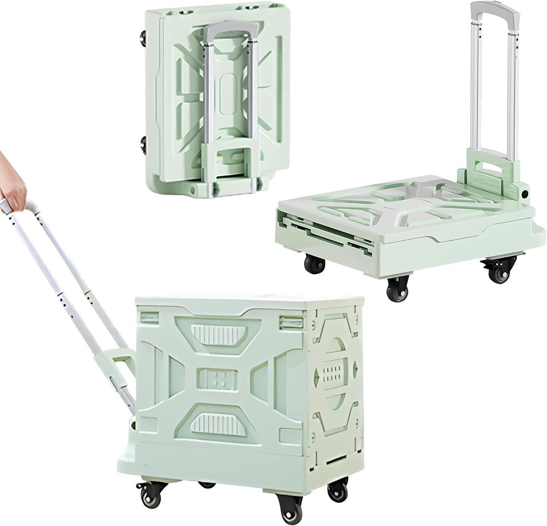 VECELO Rolling Carts with Wheels, Foldable Utility Cart, Light Weight Platform Trucks Dolly, with Recessed Design for Lids, 4 Heavy Duty Wheels, Ideal for Shopping, Camping, Teachers, Mint Green