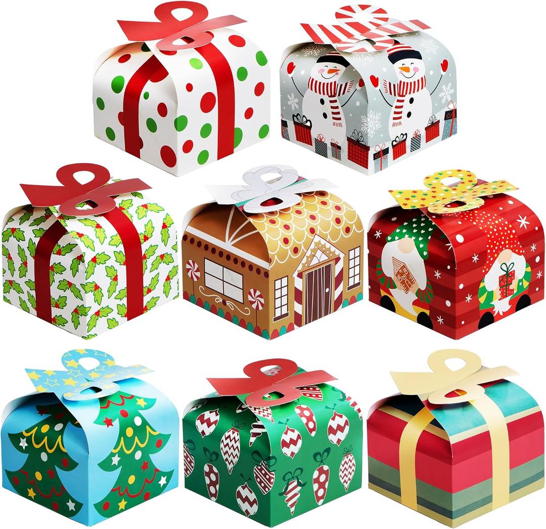 JOYIN 24 PCS 3D Christmas Goody Gift Boxes with Bow for Holiday Xmas Goodie Paper Boxes, School Classroom Party Favor Supply, 6 x 6 x 5.5 8 Designs Candy Treat Cardboard Cookie Box for Gift Giving