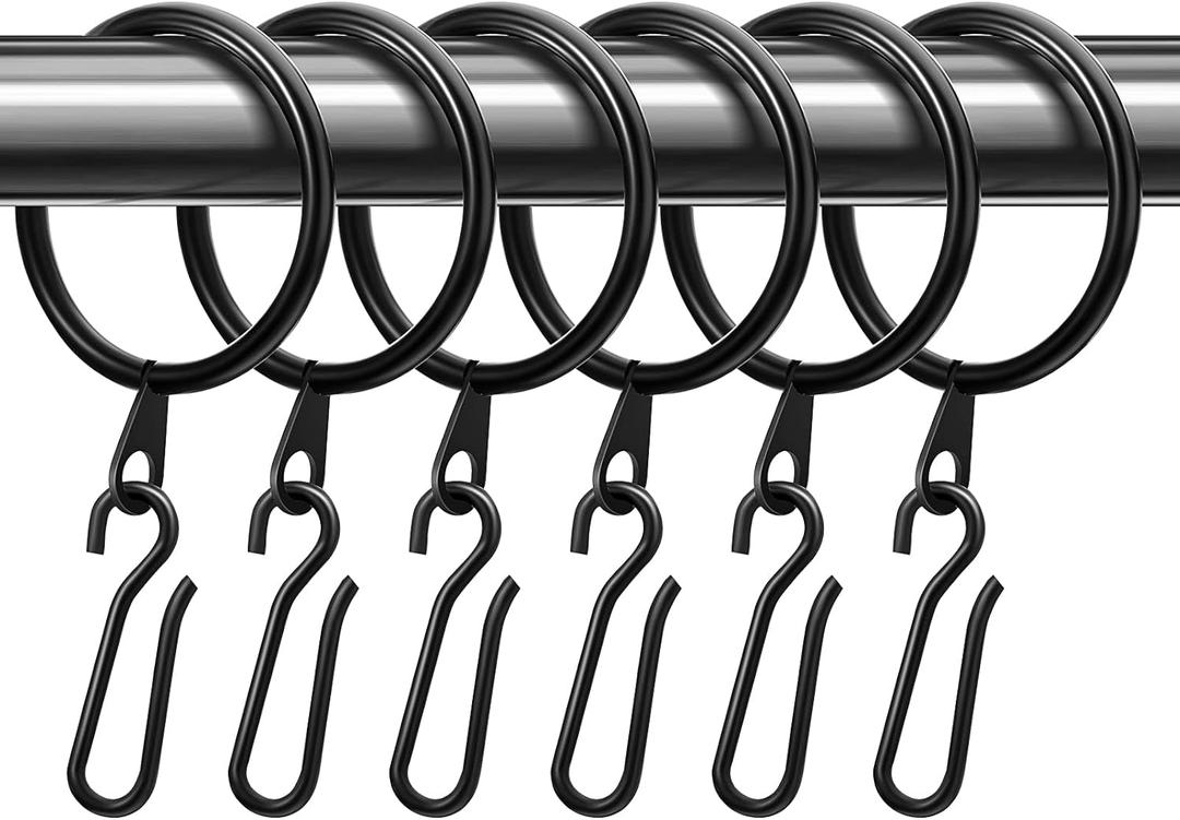 Amyhill 60 Pack Metal Drapery Curtain Rings with 60 Pcs Metal Curtain Hooks Pin 1.26'' Curtain Hanging Rings Curtain Hooks for Window Door Shower Curtain (Black,32 mm)