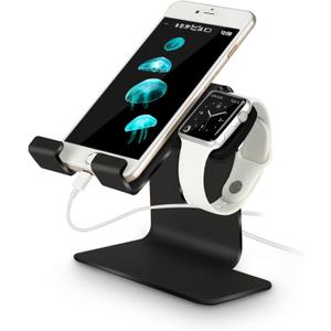 2 in 1 Charging Stand Holder Dock Compatible for Apple Watch Series Ultra2/Ultra/10/9/8/7/6/5/4/3/2/1/SE (38mm/40mm/41mm/42mm/44mm/45mm/46mm/49mm) and Cell Phone/Tablet - Black