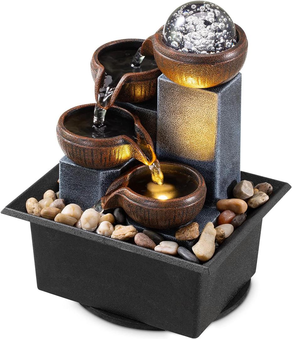 Tabletop Fountain 4 Level Tabletop Waterfall Indoor Meditation Fountain Office Home Relax Desktop Waterfall Pool Includes Many Natural River Rocks LED Lights Fixed Decorative Bubble Ball, Brown