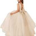 MCieloLuna Flower Girls Satin Tulle Princess Pageant Dress for Wedding Kids Pearls Prom Ball Gowns with Bow-Knot (12, Champagne)