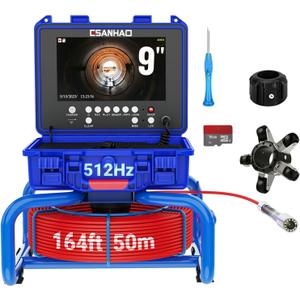 Sewer Camera with Self-Leveling & 512Hz Transmitter & Distance Counter Pipe Drain Inspection Camera 9" Monitor Borescope Industrial Endoscope (12pcs Light,16GB DVR,164ft/50m)
