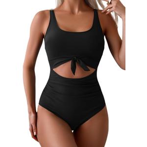 Eomenie Women's One Piece Swimsuit Tummy Control Slimming Bathing Suit Cutout Tie Knot Swimwear (Black, M)