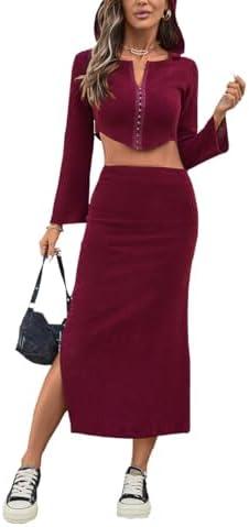 olrain Y2K Women 2 Piece Outfits Long Sleeve Boat Neck Crop Top High Waist Slit Bodycon Skirt Sets Ribbed Knit Spring Fall Large