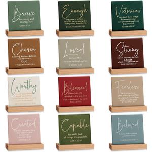 12 Pcs Christian Father's Day Desk Decor Bible Verse Plaque Religious Ceramic Table Sign with Wooden Stand Inspirational Faith Scripture Gift for Graduation Women Office Church Baptism (Warm Color)