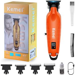 KEMEI 2293 Zero Gapped Hair Trimmer for Men, Cordless T Blade Beard Trimmer with LED Display, Professional Barber Hair Clippers, Orange