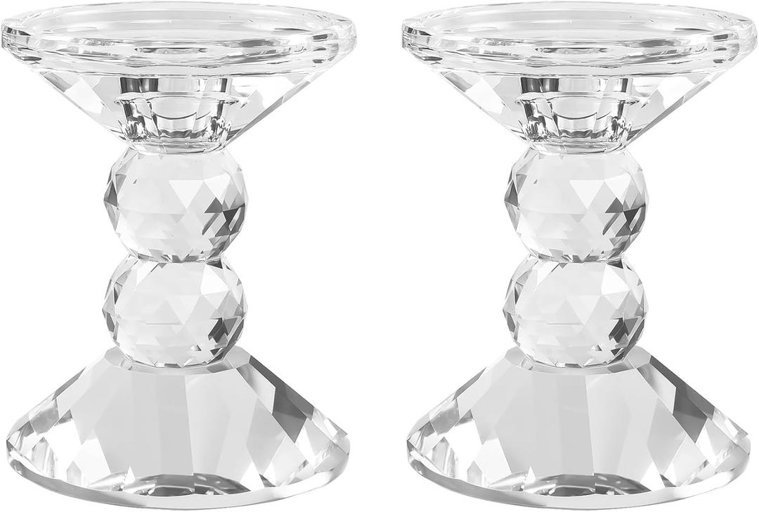 2-Pack Crystal Candle Holders, Clear Crystal Taper or Pillar Candlesticks, Table Centerpiece Home Decor for Wedding, Dining, Party(4.9in Tall)