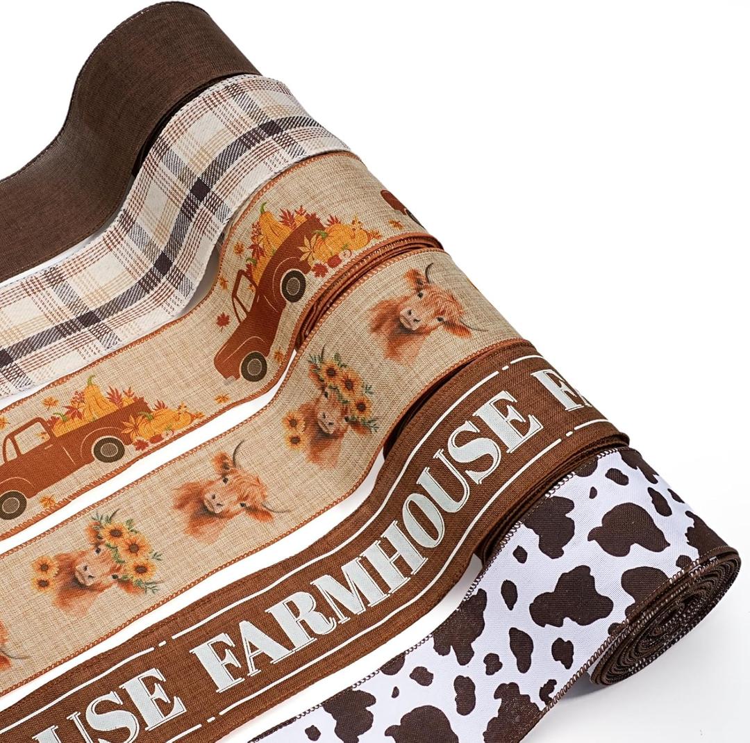 LaRibbons Fall Burlap Plaid Ribbon Wired 2 1/2" x 6 Yards 6 Rolls, Harvest Farm Ribbon for Autumn Wreath Thanksgiving Christmas Farm Gift Wrapping Home Decor