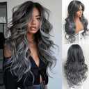 Dark Gray Highlight Layered Wavy Wig With Curtain Bangs for Black Women Synthetic Highlight Ombre Grey Hair Long Dark Gray Natural Body Wave Layered Wig Heat Resistant for Daily Party Use 24 inch